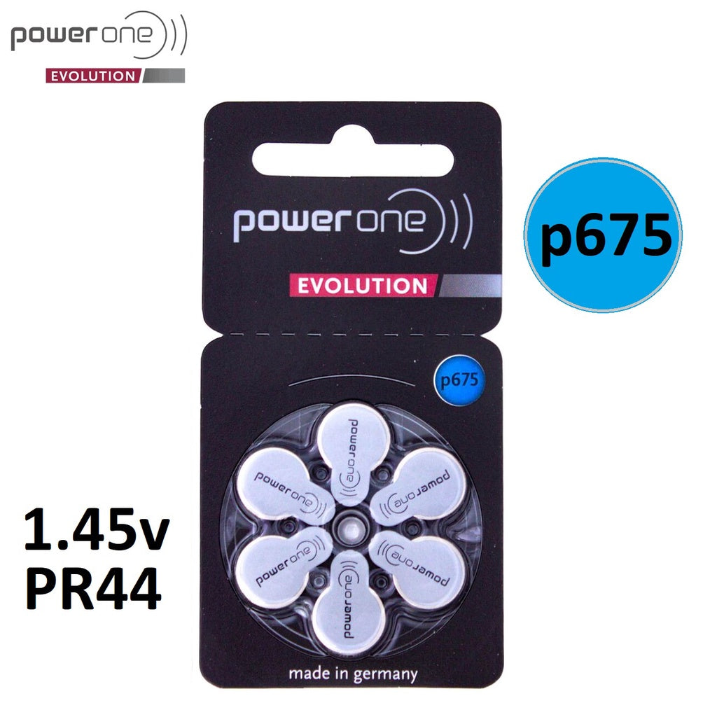 Power One Evolution Zinc Air Size 675 PR44 (6pcs) p675 1.45v A675 Hearing Aid Battery Batteries