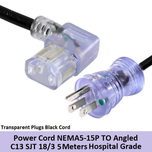 Power Cord NEMA5-15P To Angled C13 18/3 5M Hospital Grade Transparent Plugs Black Cord 5 Meters