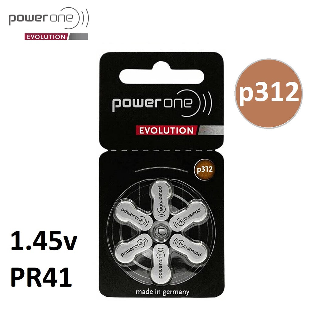 Power One Evolution Zinc Air Size 312 PR41 (6pcs) p312 1.45v A312 Hearing Aid Battery Batteries