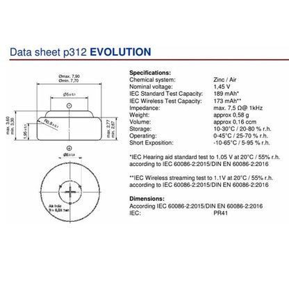 Power One Evolution Zinc Air Size 312 PR41 (6pcs) p312 1.45v A312 Hearing Aid Battery Batteries