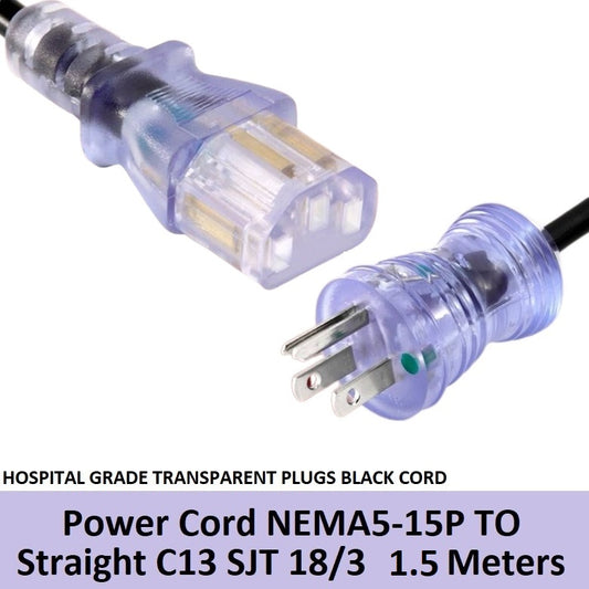Power Cord NEMA5-15P To Straight C13 18/3 1.5M Hospital Grade Transparent Plug Black Cord 1.5 Meters