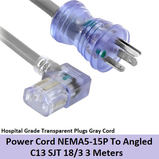 Hospital Grade Power Cord NEMA5 15P TO Angled C13 3 Meters NEMA5-5P 3m Transparent Plugs Gray Cord