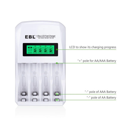 EBL 6907 4 Bay Smart Individual Battery Charger Quick Charging For AA AAA Ni-MH Ni-CD Batteries 907