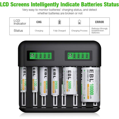 EBL TB-6431 8 Bay Universal Battery Charger With LCD Status Display For AA AAA C D Batteries 8 Slots