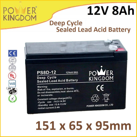 Power Kingdom 12V 8Ah Deep Cycle Sealed Lead Acid Battery SLA Rechargeable UPS VRLA Battery PS8D-12