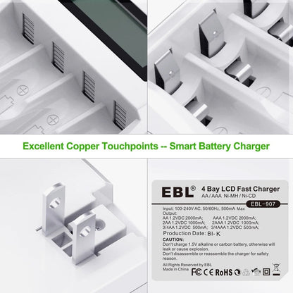 EBL 6907 4 Bay Smart Individual Battery Charger Quick Charging For AA AAA Ni-MH Ni-CD Batteries 907