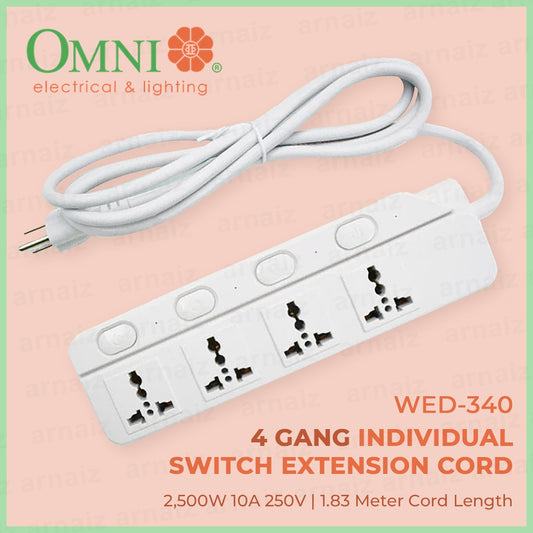 OMNI 4 Gang Individual Switch Extension Cord WED-340 WED340 4 Universal Outlet Power Strip