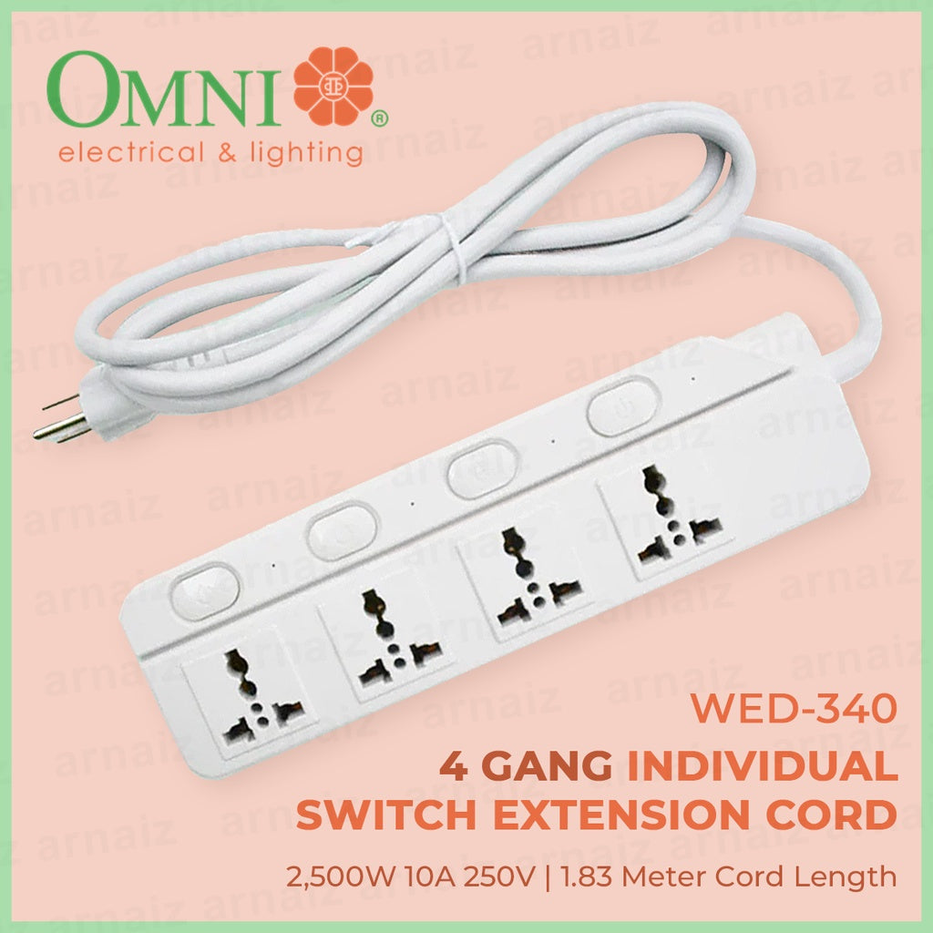 OMNI 4 Gang Individual Switch Extension Cord WED-340 WED340 4 Universal Outlet Power Strip