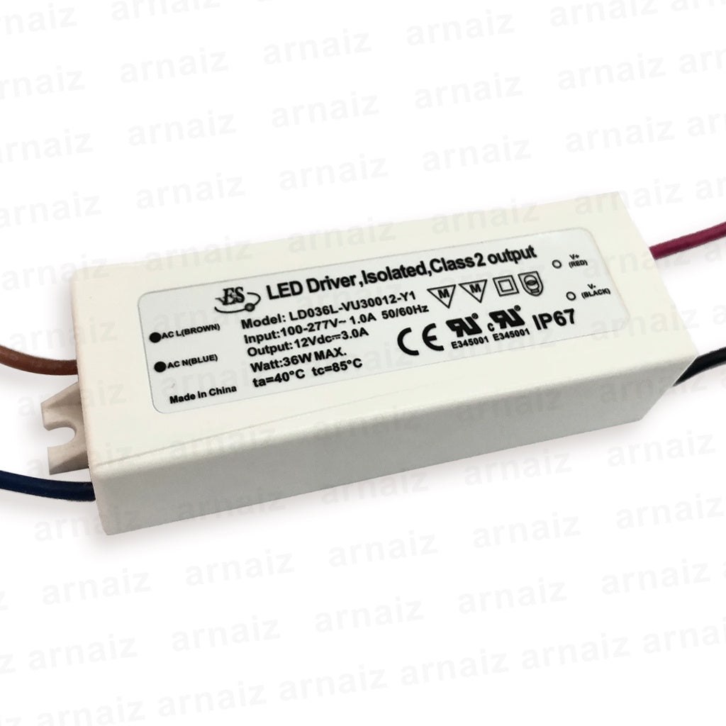 LD036L-VU30012-Y1 AC-DC Constant Voltage LED Driver IP67 IN:110-277VAC OUT:12VDC, 3A 36W Max 36Watts