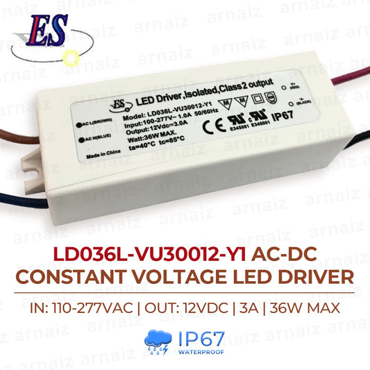 LD036L-VU30012-Y1 AC-DC Constant Voltage LED Driver IP67 IN:110-277VAC OUT:12VDC, 3A 36W Max 36Watts