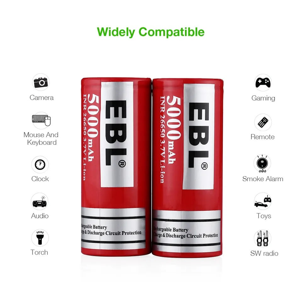 EBL LN-8191 3.7V 26650 (2pcs) 5000mAh Rechargeable Li-Ion Battery With Included Storage Case