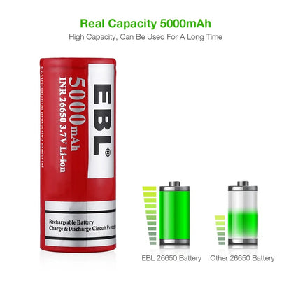 EBL LN-8191 3.7V 26650 (2pcs) 5000mAh Rechargeable Li-Ion Battery With Included Storage Case