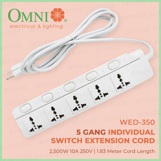 OMNI 5 Gang Individual Switch Extension Cord WED-350 WED350 5 Universal Outlet Power Strip