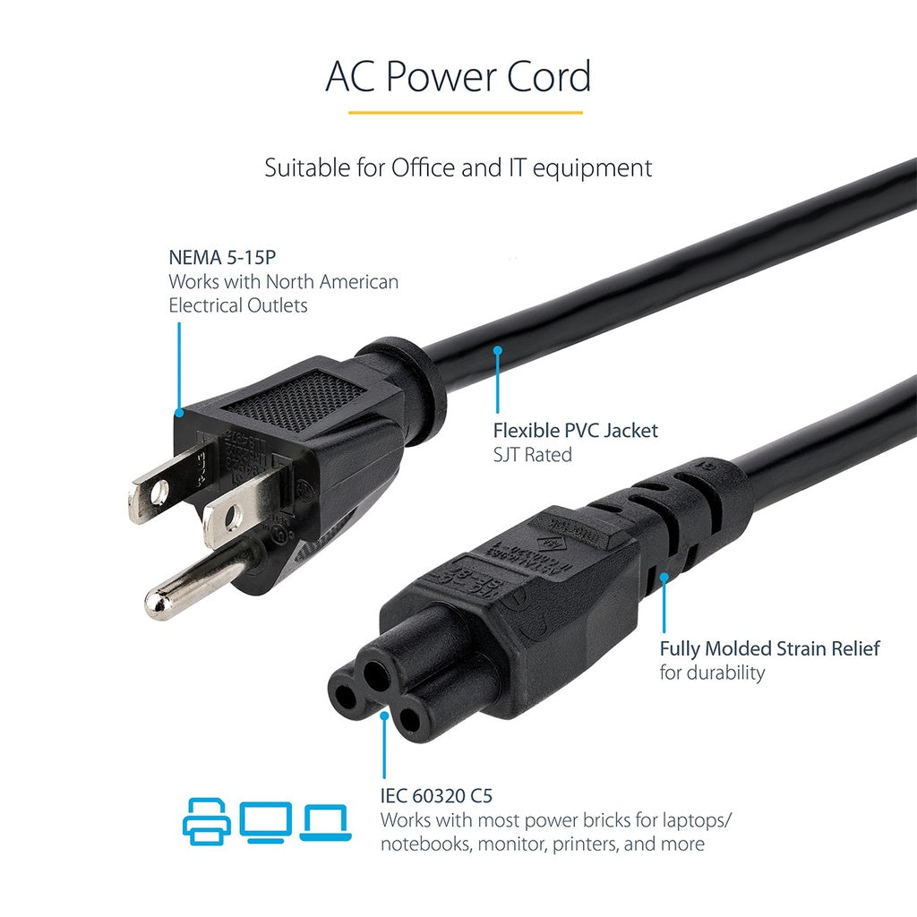 LQD Power Cord NEMA 5 15P To C5 Straight 1.5M 10A 125V 18 AWG NEMA 5-15P Notebook Cable 1.5 meters