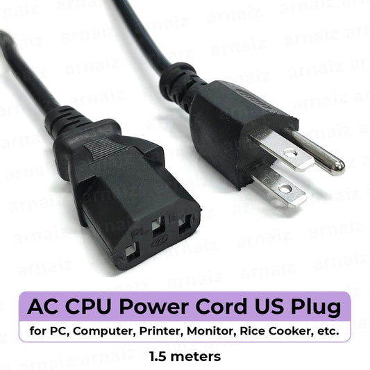 AC CPU Power Cord US Plug for PC Computer Printer Monitor Rice Cooker 3 Prong Male Jack 1.5 Meters