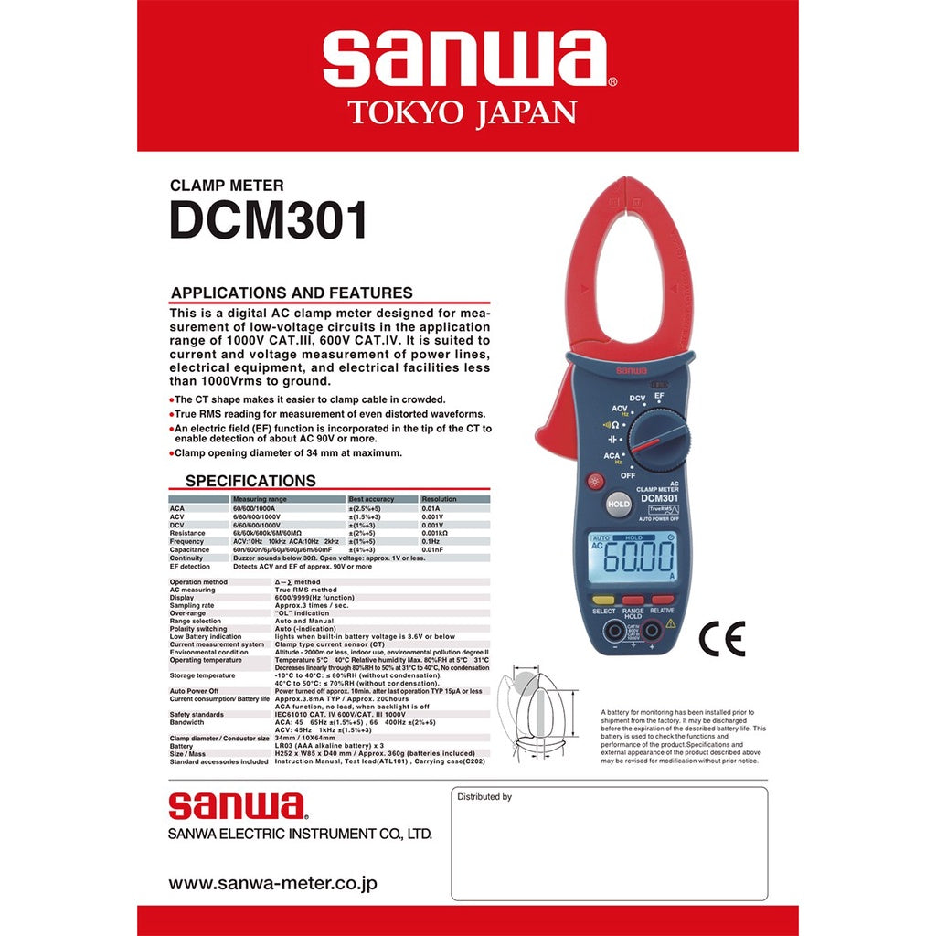 Sanwa DCM301 Digital Clamp Meter 1000 Amps AC TRMS EF NCV Detection