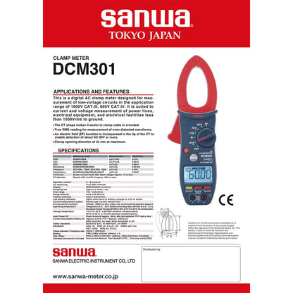 Sanwa DCM301 Digital Clamp Meter 1000 Amps AC TRMS EF NCV Detection