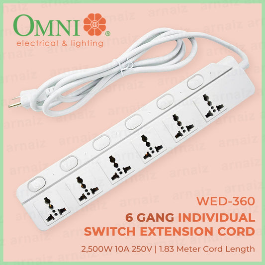 OMNI 6 Gang Individual Switch Extension Cord WED-360 WED360 6 Universal Outlet Power Strip