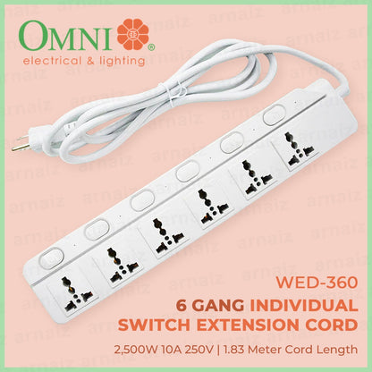 OMNI 6 Gang Individual Switch Extension Cord WED-360 WED360 6 Universal Outlet Power Strip