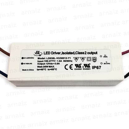 LD036L-VU30012-Y1 AC-DC Constant Voltage LED Driver IP67 IN:110-277VAC OUT:12VDC, 3A 36W Max 36Watts