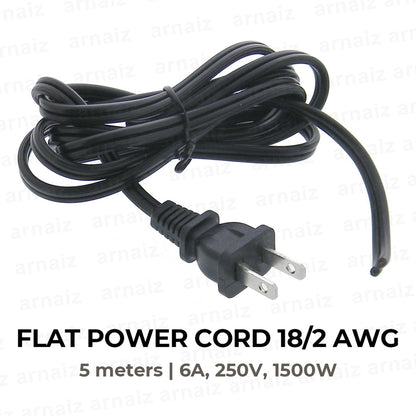 LQD Flat Power Cord 18/2 AWG Open End 5M 6A 250V 1500W NEMA 1-15P 2 Prong Male Cable Wire 5 meters