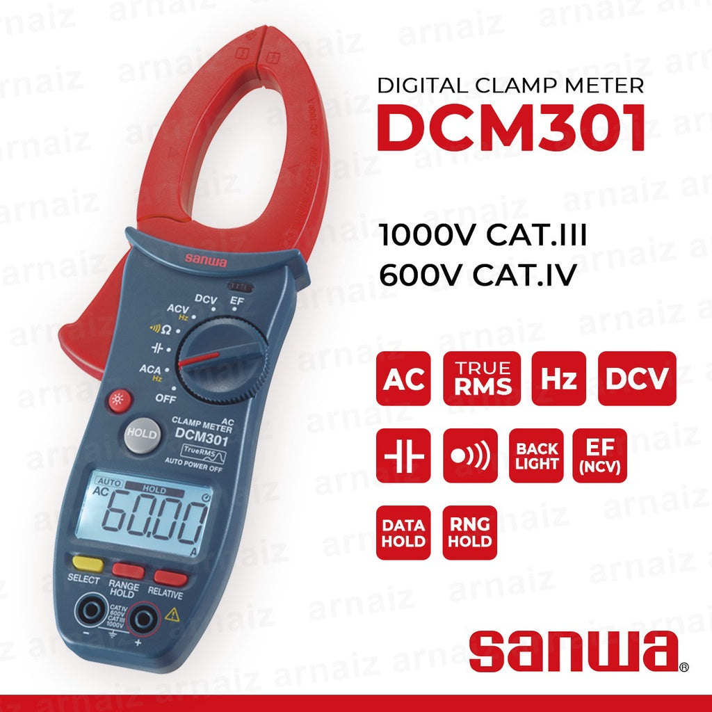 Sanwa DCM301 Digital Clamp Meter 1000 Amps AC TRMS EF NCV Detection