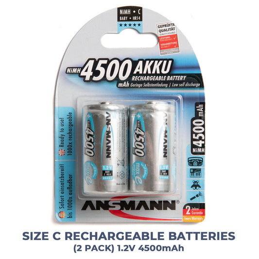 LQD Ansmann Size C Rechargeable Battery (2pcs) HR14 Baby NiMH 1.2V 4500mAh Max E