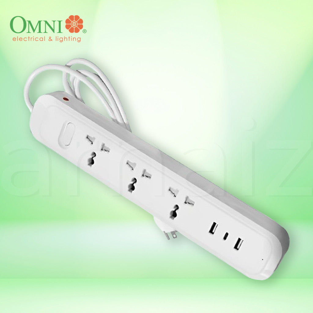 Omni 3-Gang Travel Extension Cord USB-303 1.8 meters with 3 USB Ports Universal Sockets USB A C 6ft