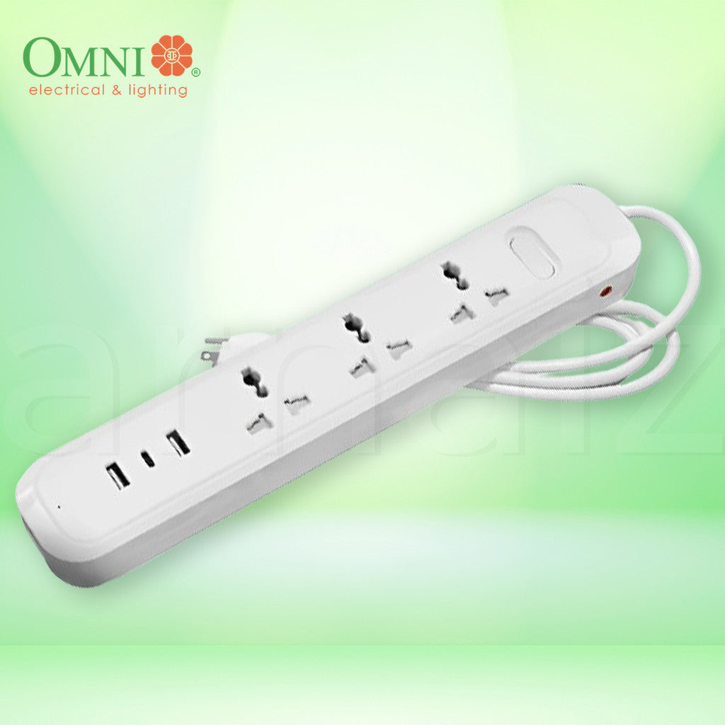 Omni 3-Gang Travel Extension Cord USB-303 1.8 meters with 3 USB Ports Universal Sockets USB A C 6ft