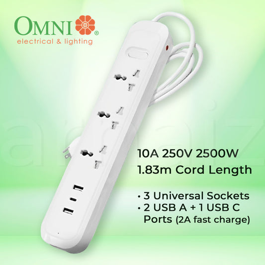 Omni 3-Gang Travel Extension Cord USB-303 1.8 meters with 3 USB Ports Universal Sockets USB A C 6ft