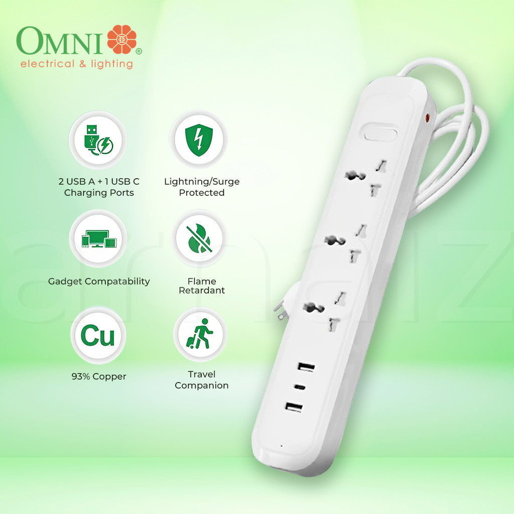 Omni 3-Gang Travel Extension Cord USB-303 1.8 meters with 3 USB Ports Universal Sockets USB A C 6ft