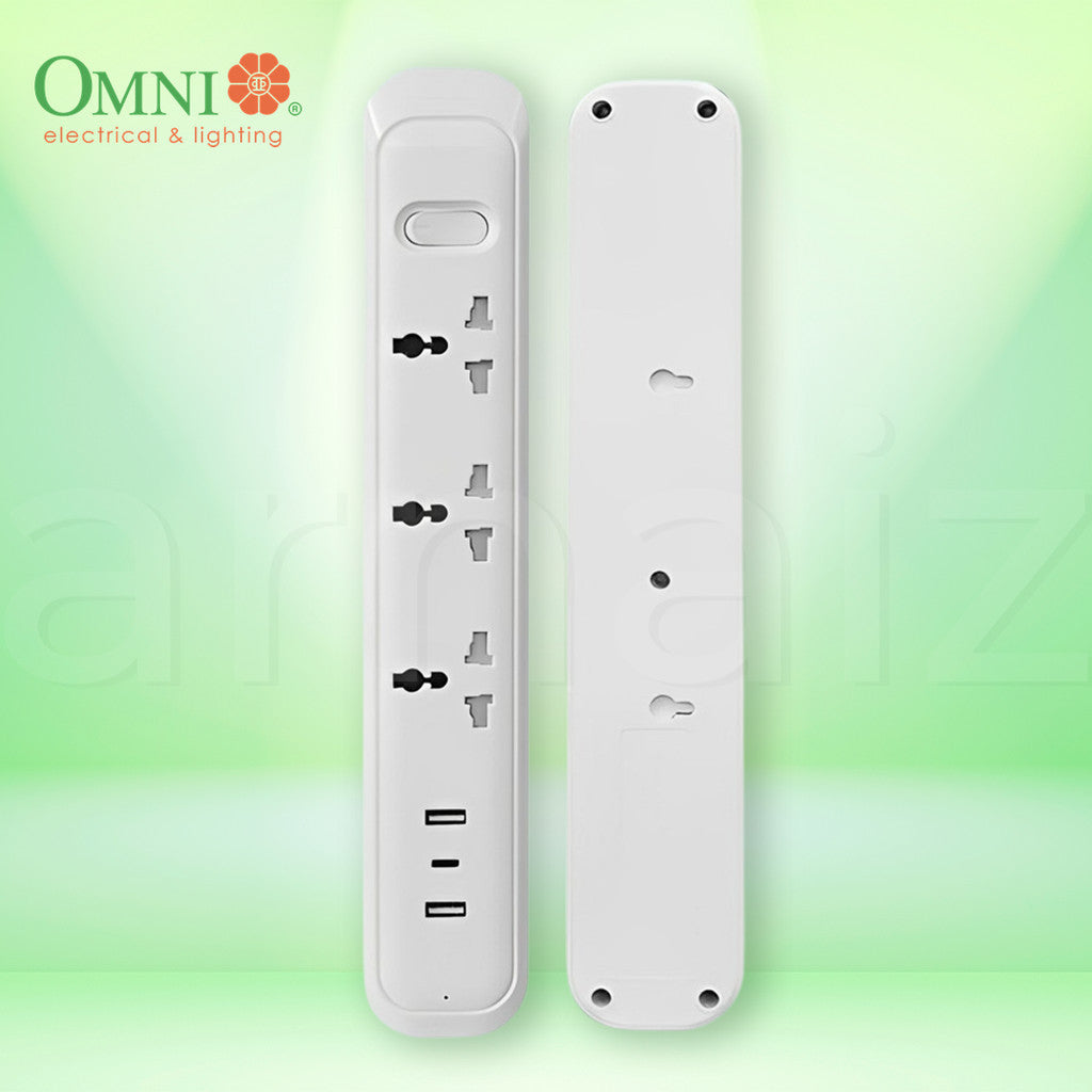 Omni 3-Gang Travel Extension Cord USB-303 1.8 meters with 3 USB Ports Universal Sockets USB A C 6ft