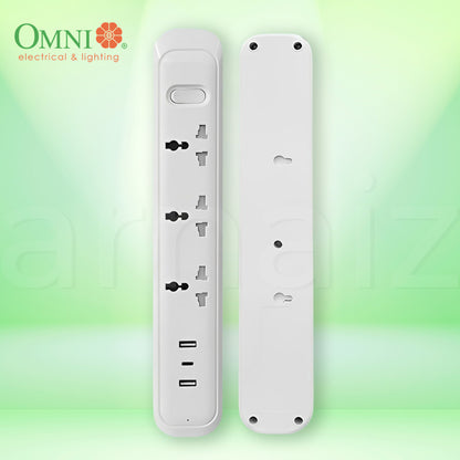 Omni 3-Gang Travel Extension Cord USB-303 1.8 meters with 3 USB Ports Universal Sockets USB A C 6ft